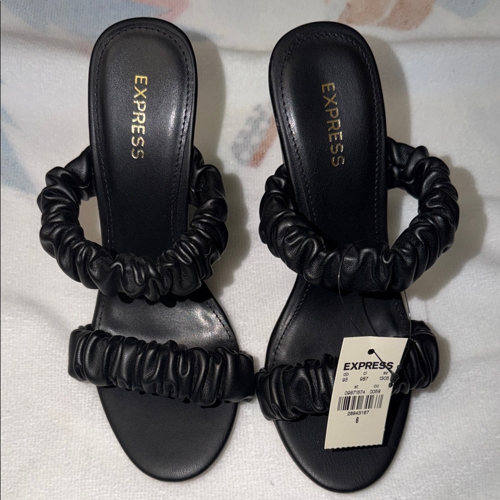 Express Black Ruched Double-Strap Slide Mules